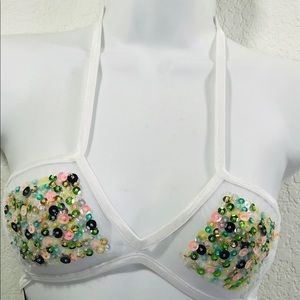 White sequence See-Through Halter bra